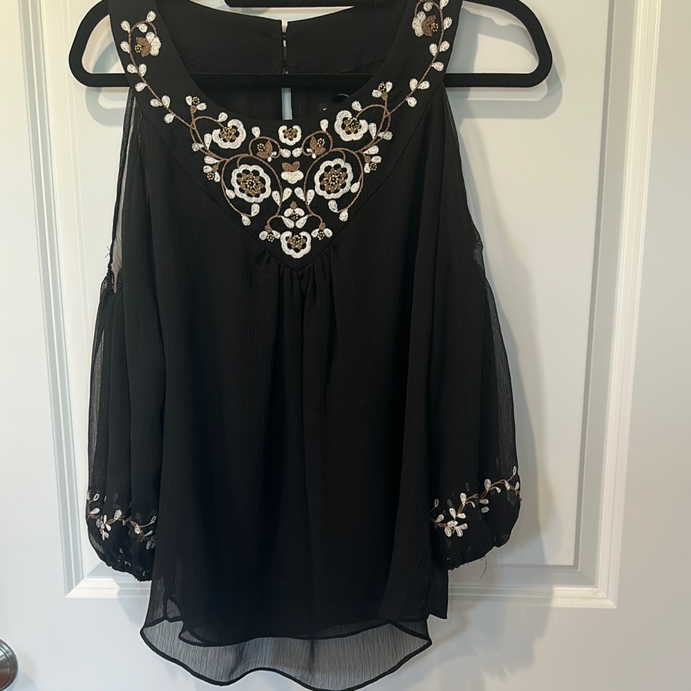 White House Black Market Embroidered cold shoulder Black Blouse with 3/4 Sleeves